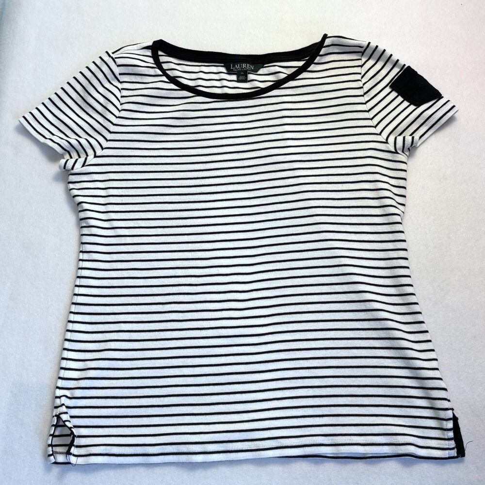 LAUREN Ralph Lauren Baby Tee Women’s XL Striped T Shirt w Mini Pocket On Sleeve